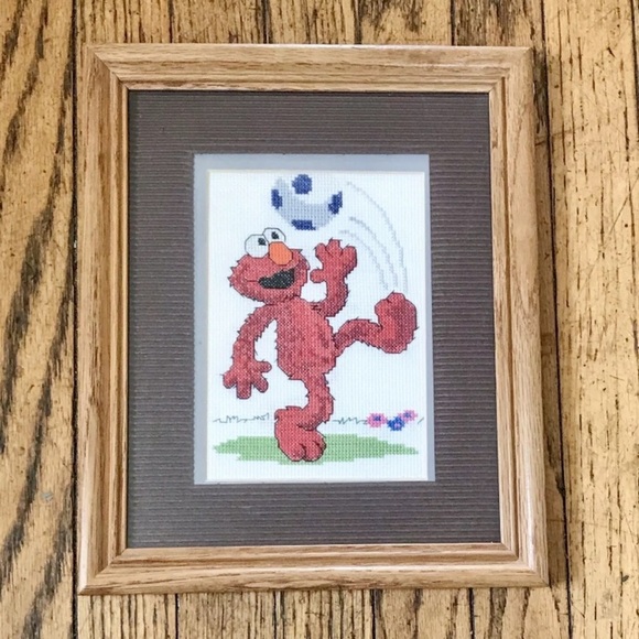 Elmo Finished Cross Stitch Framed Soccer Player Sesame Street Whimsical Vintage - Picture 1 of 3
